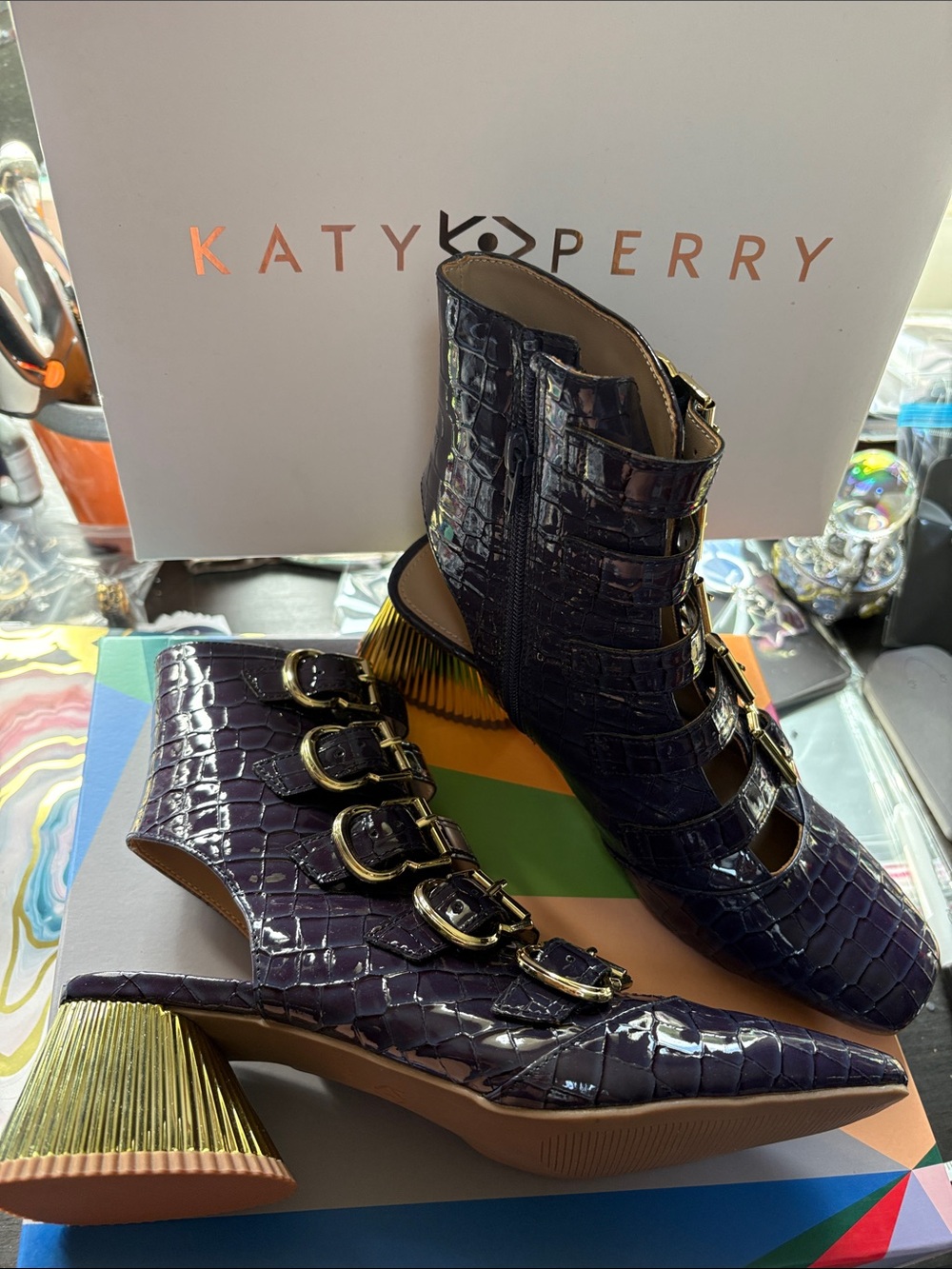 Katy Perry Collections Shiny Purple Croc Buckle Block Heels